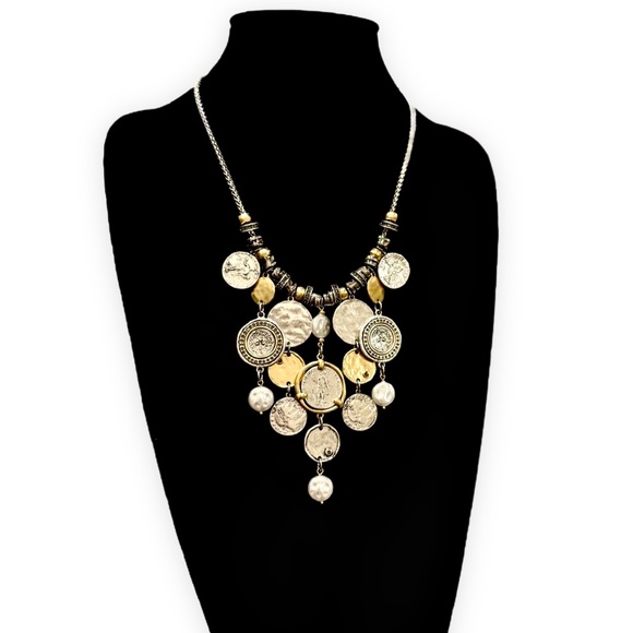 CHICO’S Mixed Metal Coin Statement Bib Necklace W Pearl & Crystal Accent | NEW - Picture 2 of 6